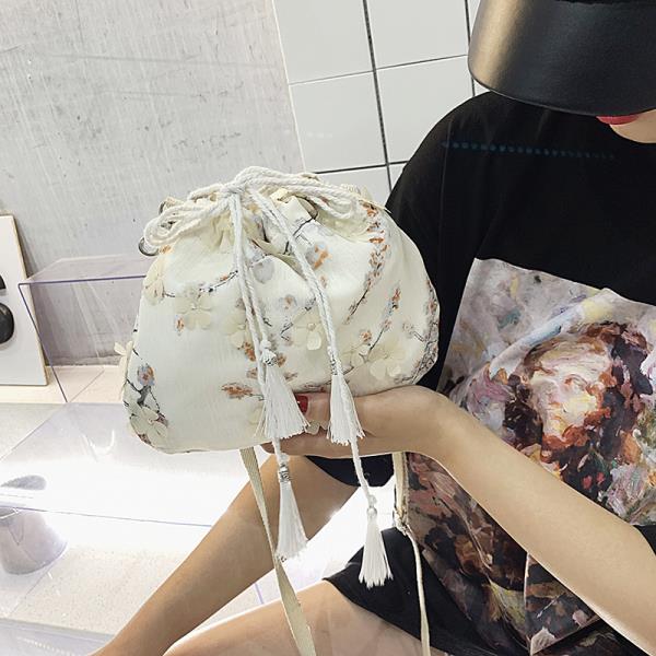 Chiffon Flower Bucket Drawstring Shoulder Bag