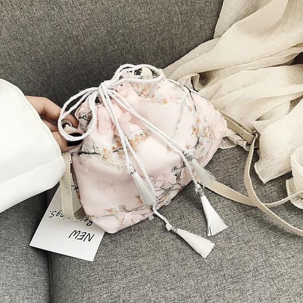 Chiffon Flower Bucket Drawstring Shoulder Bag