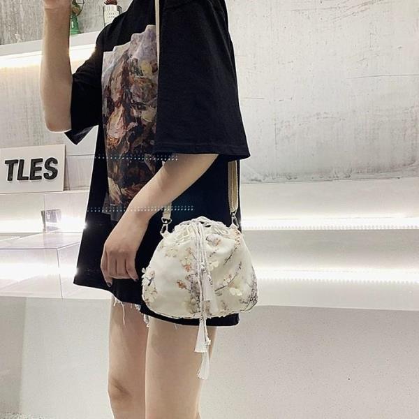 Chiffon Flower Bucket Drawstring Shoulder Bag