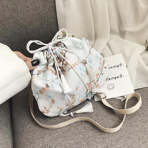 Chiffon Flower Bucket Drawstring Shoulder Bag