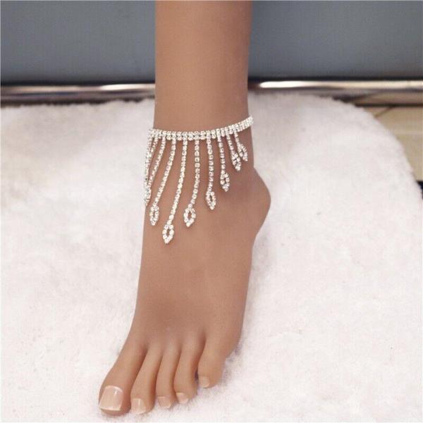 Silver Rhinestone Multi Tassel Anklet