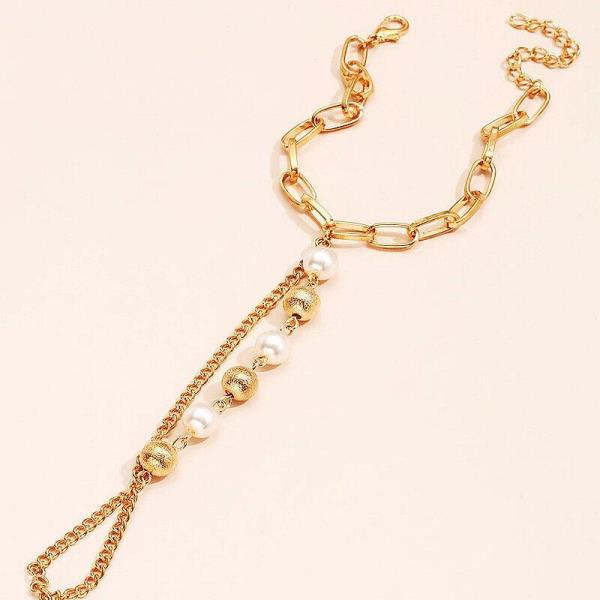 Gold Faux Pearl Finger Ring Chain Hand Bracelet