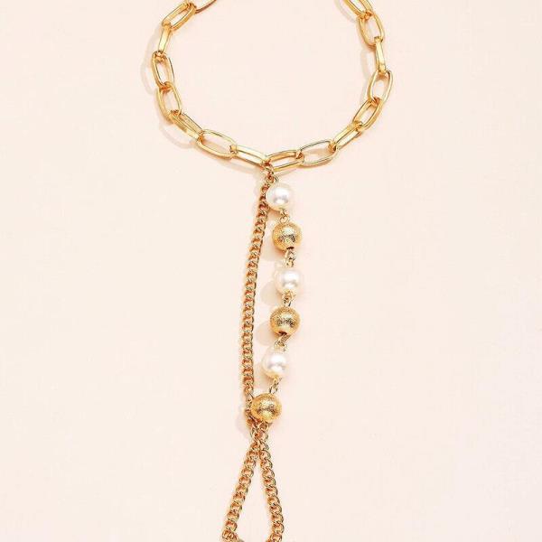 Gold Faux Pearl Finger Ring Chain Hand Bracelet