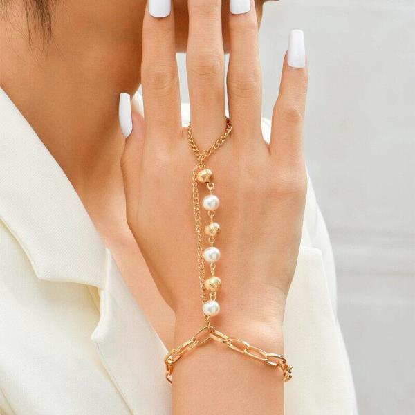 Gold Faux Pearl Finger Ring Chain Hand Bracelet