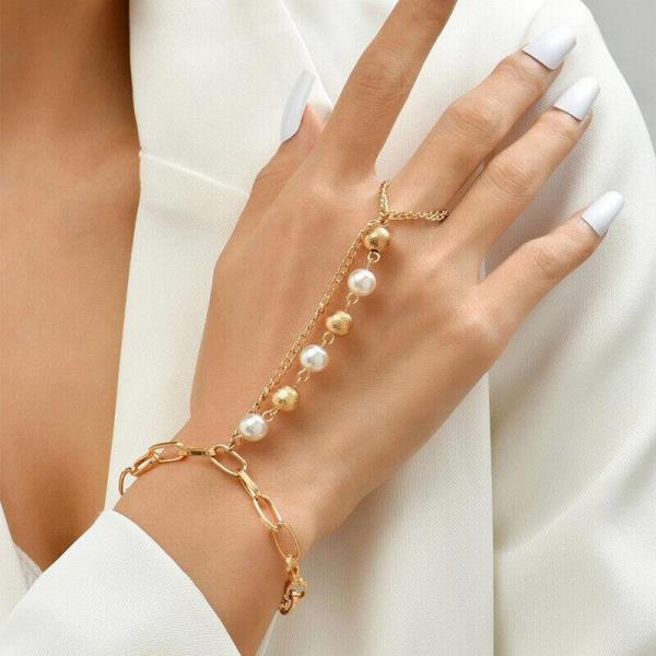 Gold Faux Pearl Finger Ring Chain Hand Bracelet