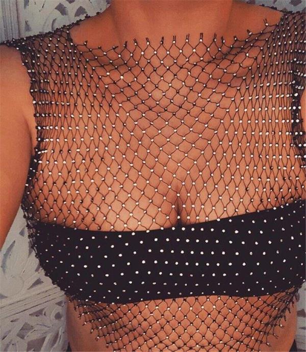 Black Fish Net Crystal Tops