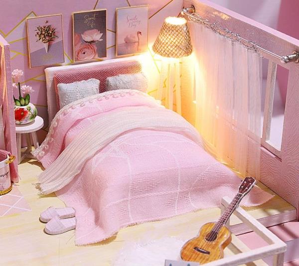 Cute Room Pink Double Layer DIY Music Miniature Dollhouse