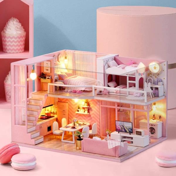 Cute Room Pink Double Layer DIY Music Miniature Dollhouse