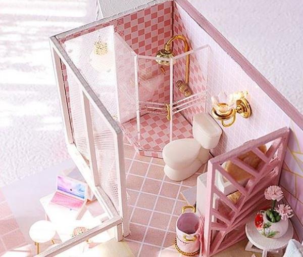 Cute Room Pink Double Layer DIY Music Miniature Dollhouse