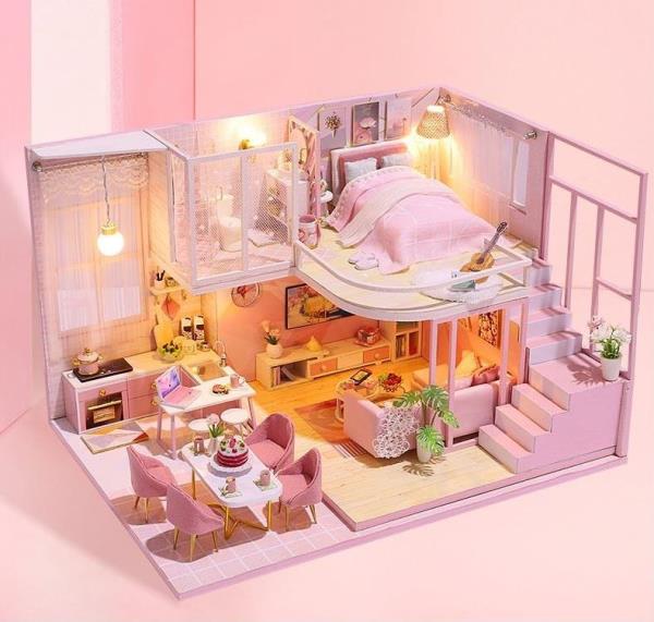 Cute Room Pink Double Layer DIY Music Miniature Dollhouse