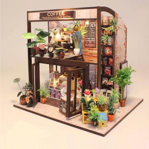 DIY Wooden Light Casa Flower Coffee Shop Music Miniature Dollhouse