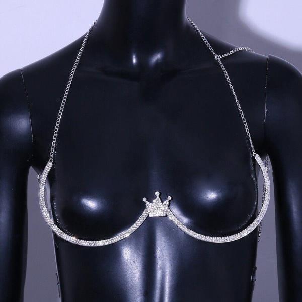 Silver Rhinestone Crown Chest Body Chain