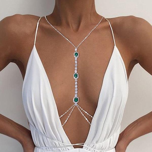 Green Imitation Gem Chest Body Chain