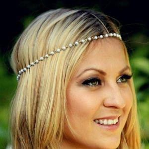 Silver White Pearl Crystal Leaf Elastic Headband