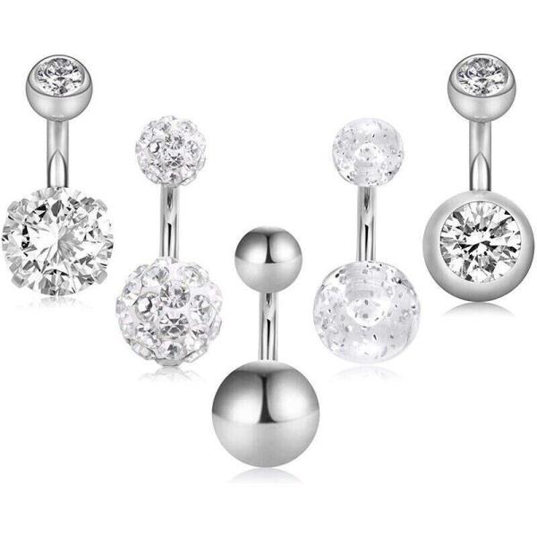 5 Pcs Silver Stainless Steel Piercing Bar Navel Belly Buttons