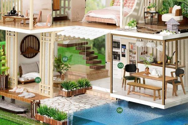 Elegant Quiet Swimming Pool Duplex DIY Music Miniature Dollhouse