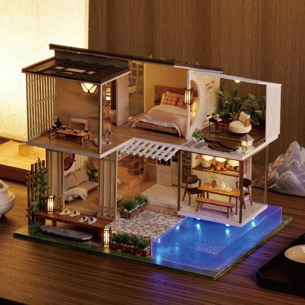 Elegant Quiet Swimming Pool Duplex DIY Music Miniature Dollhouse