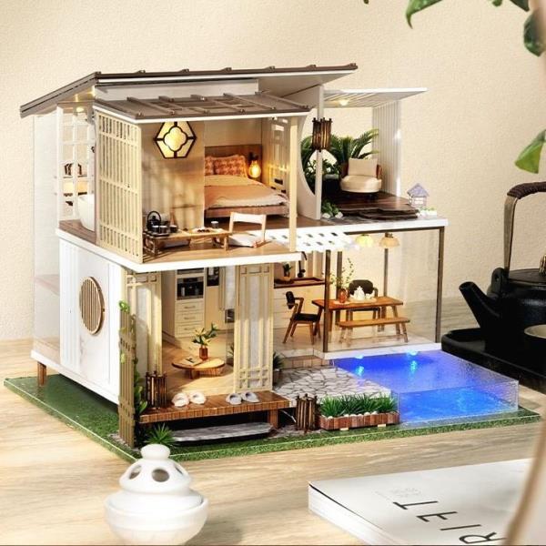 Elegant Quiet Swimming Pool Duplex DIY Music Miniature Dollhouse