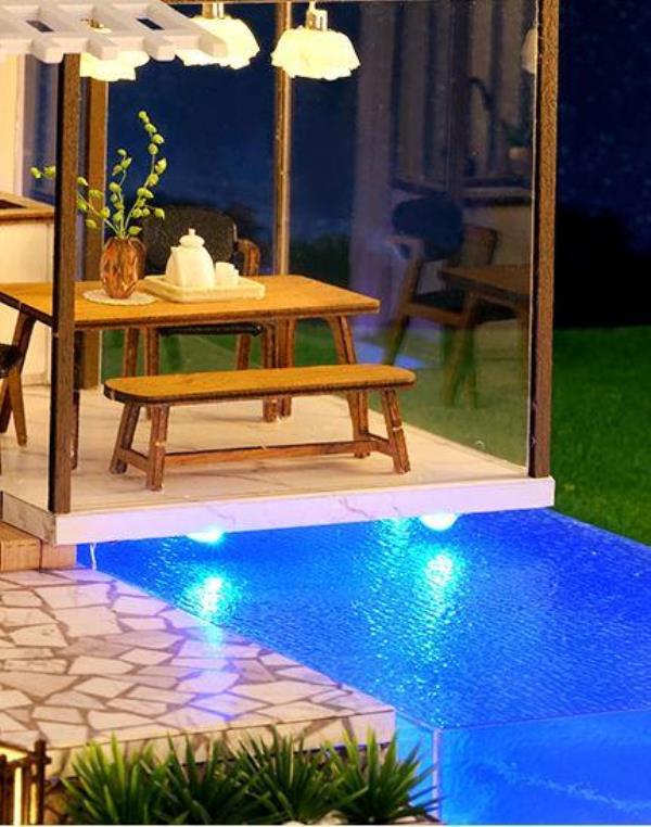 Elegant Quiet Swimming Pool Duplex DIY Music Miniature Dollhouse