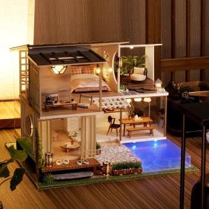 Elegant Quiet Swimming Pool Duplex DIY Music Miniature Dollhouse