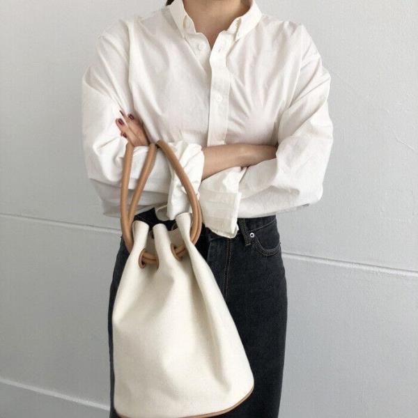 White Canvas Casual Shopping Bucket Bag