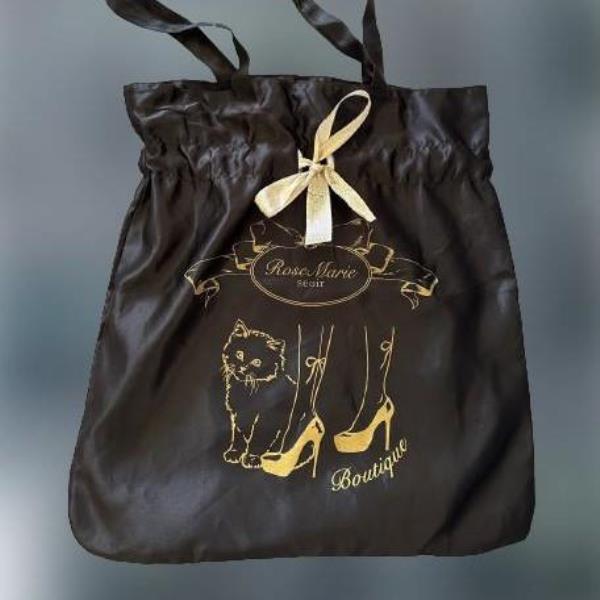 Black Silk Cat Gold Bow Drawstring Bag