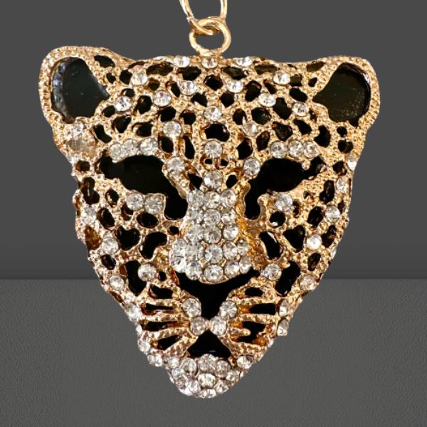 Gold Crystal Leopard Head Metal Keyring