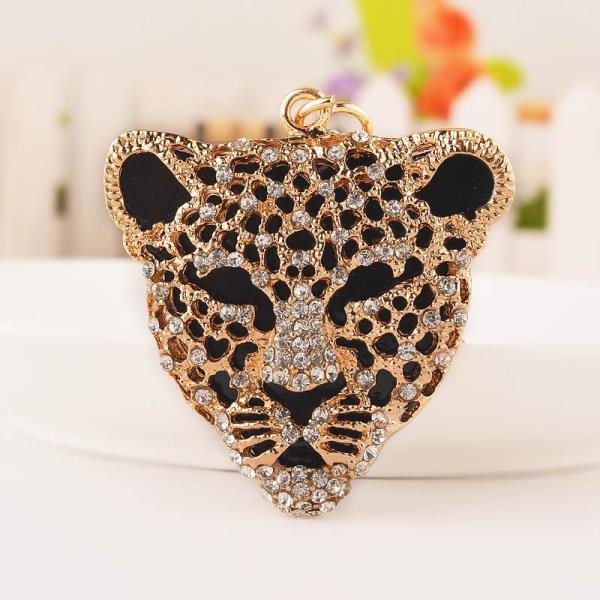 Gold Crystal Leopard Head Metal Keyring