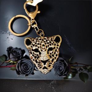 Gold Crystal Leopard Head Metal Keyring