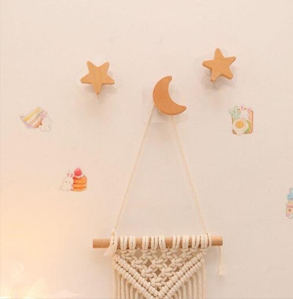 4 Solid Wood Star Moon Wall Hooks