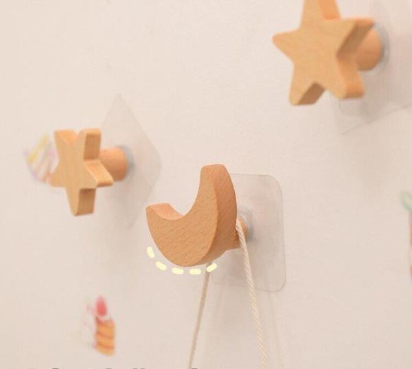 4 Solid Wood Star Moon Wall Hooks