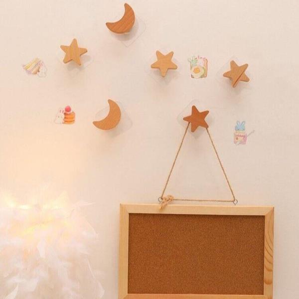 4 Solid Wood Star Moon Wall Hooks