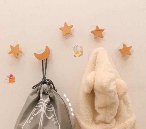 4 Solid Wood Star Moon Wall Hooks