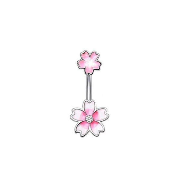 Pink Cherry Flower Stainless Steel Piercing Belly Button