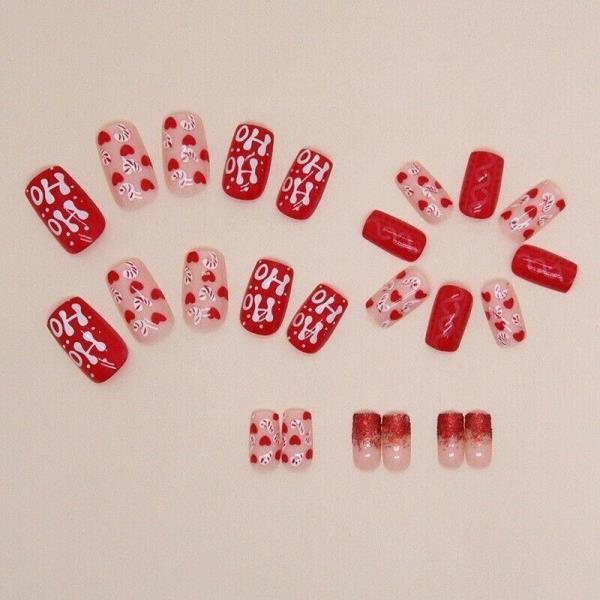 24 Christmas Red Reusable Artificial Press Nails