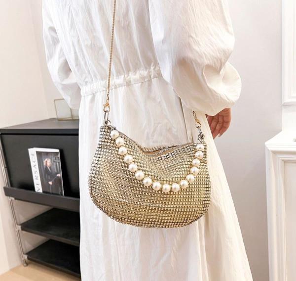 Glitter Rhinestone Pearl Crossbody Evening Bag