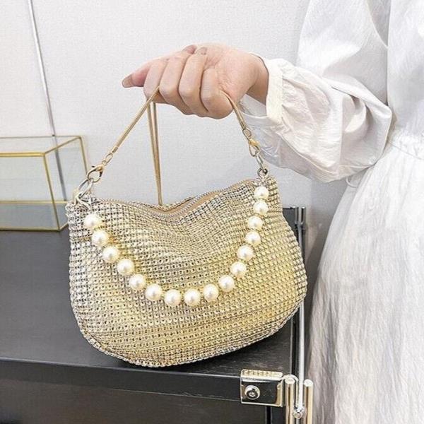 Glitter Rhinestone Pearl Crossbody Evening Bag