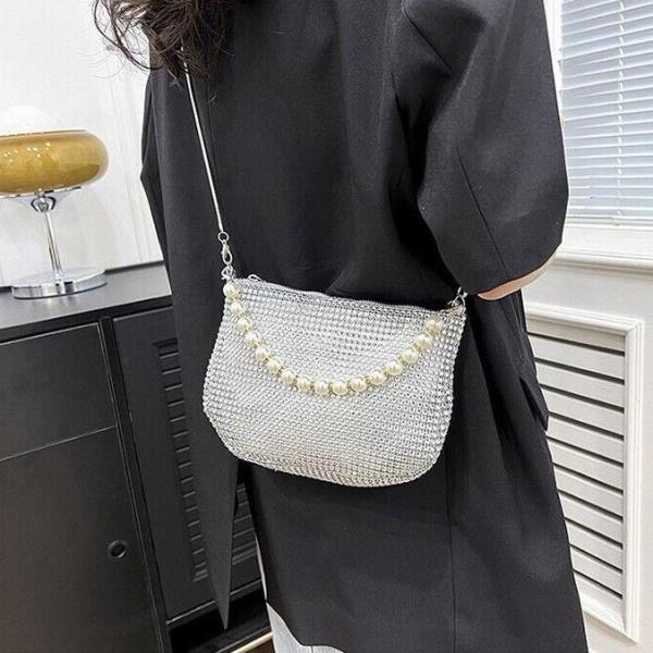 Glitter Rhinestone Pearl Crossbody Evening Bag