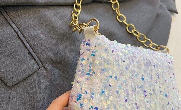 Simple Glitter Sequin Metallic Chain Evening Handbag