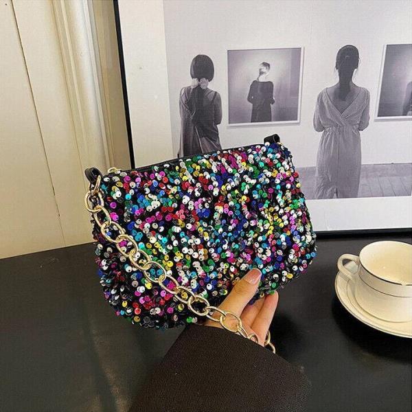 Simple Glitter Sequin Metallic Chain Evening Handbag