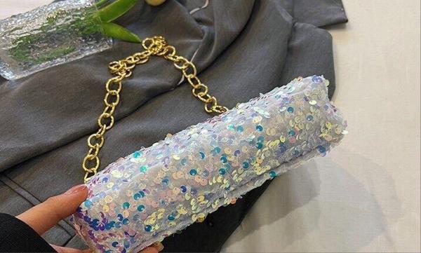 Simple Glitter Sequin Metallic Chain Evening Handbag