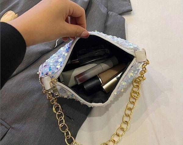 Simple Glitter Sequin Metallic Chain Evening Handbag