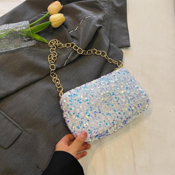 Simple Glitter Sequin Metallic Chain Evening Handbag