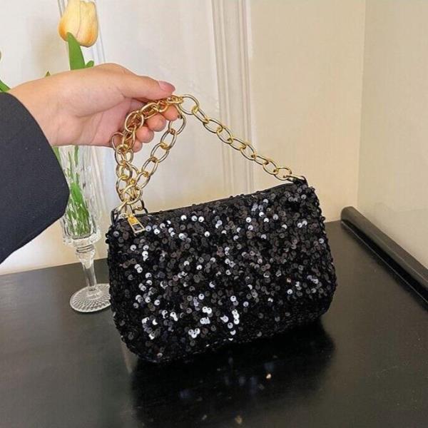 Simple Glitter Sequin Metallic Chain Evening Handbag