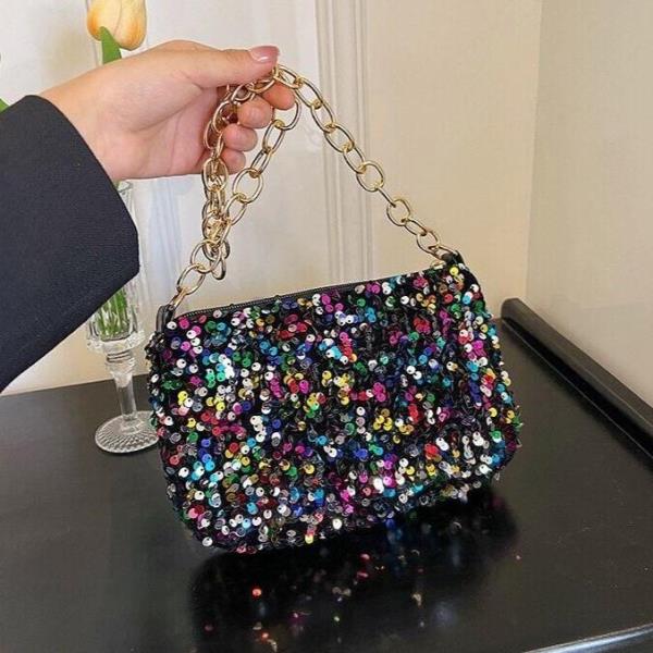 Simple Glitter Sequin Metallic Chain Evening Handbag