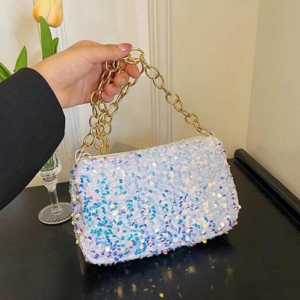 Simple Glitter Sequin Metallic Chain Evening Handbag