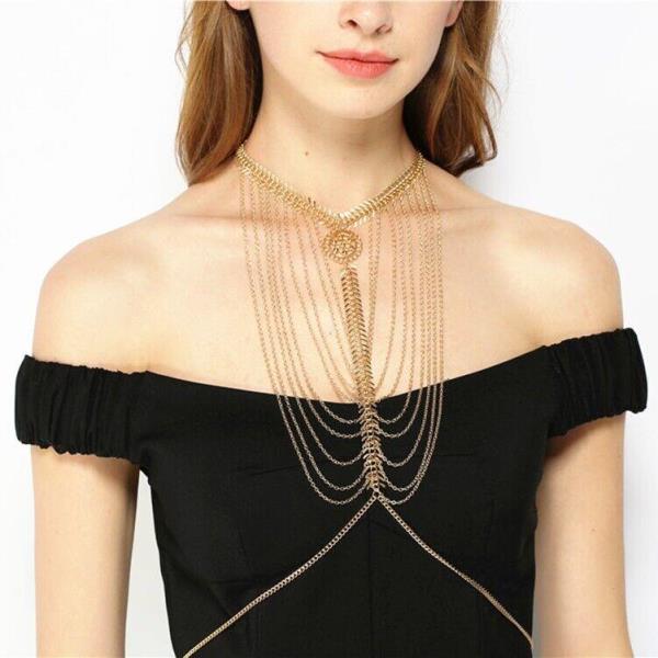 Gold Multi Tassel Necklace Crossbody Body Chain