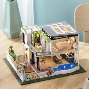 Elegant Quiet Swimming Pool Duplex DIY Music Miniature Dollhouse