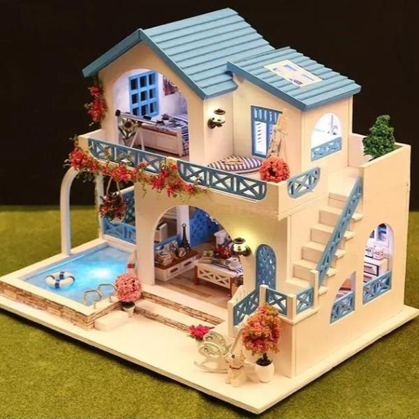 DIY Blue White Town Handcraft Music Miniature Dollhouse