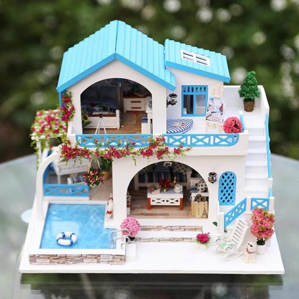 DIY Blue White Town Handcraft Music Miniature Dollhouse